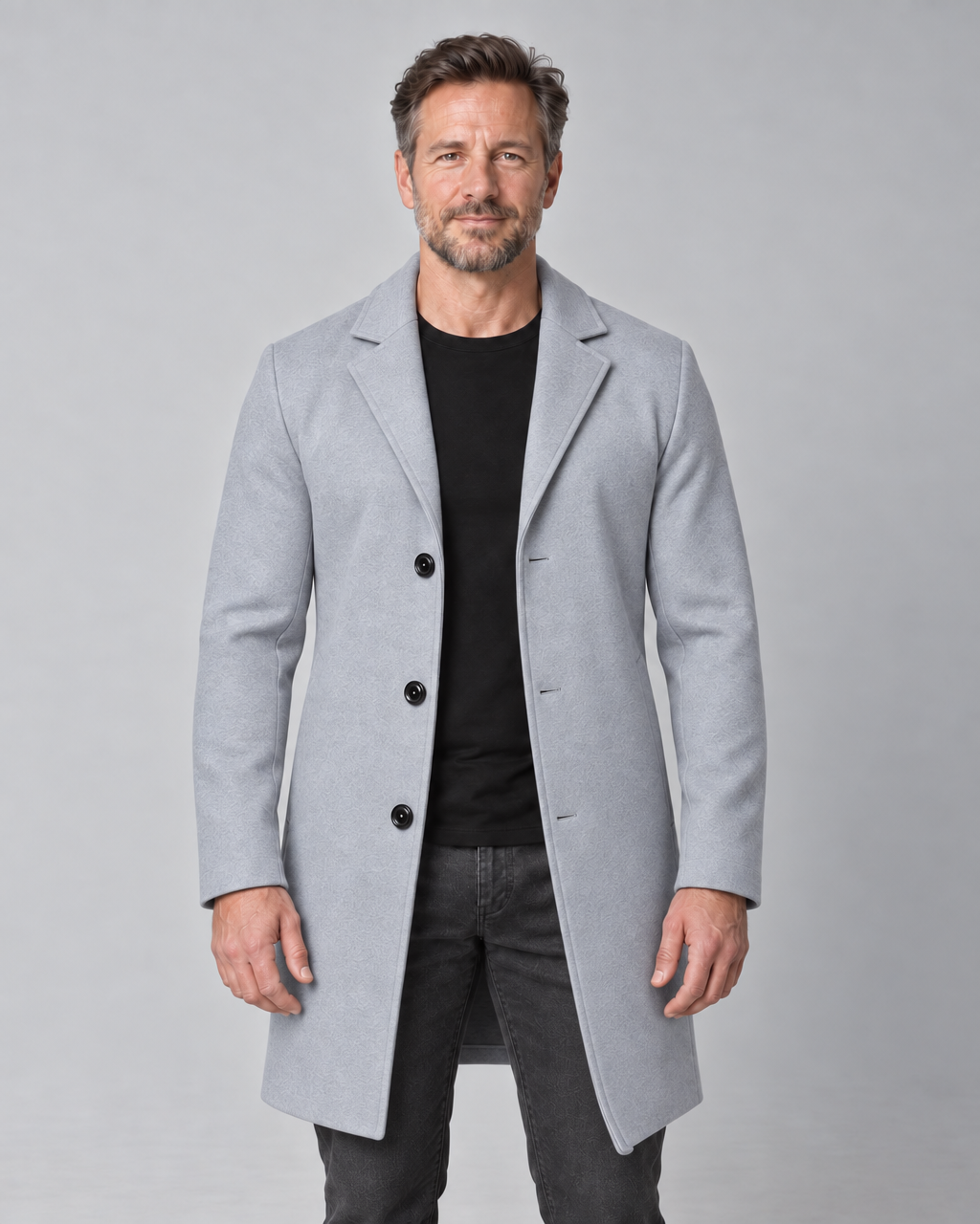 Manteau homme gris clair à revers crantés et trois boutons noirs, vue de face cadrée