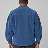 Veste bleue portée, vue de dos, avec col et manches longues