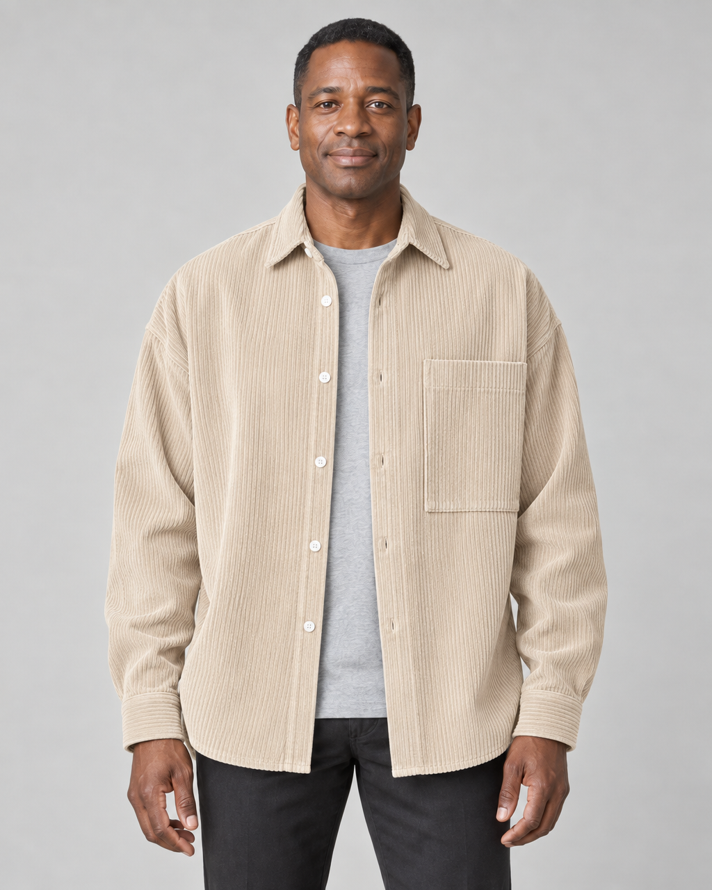 Veste-chemise homme kaki clair texturée, ouverte, avec boutons et poche poitrine, vue de face cadrée à mi-cuisses.