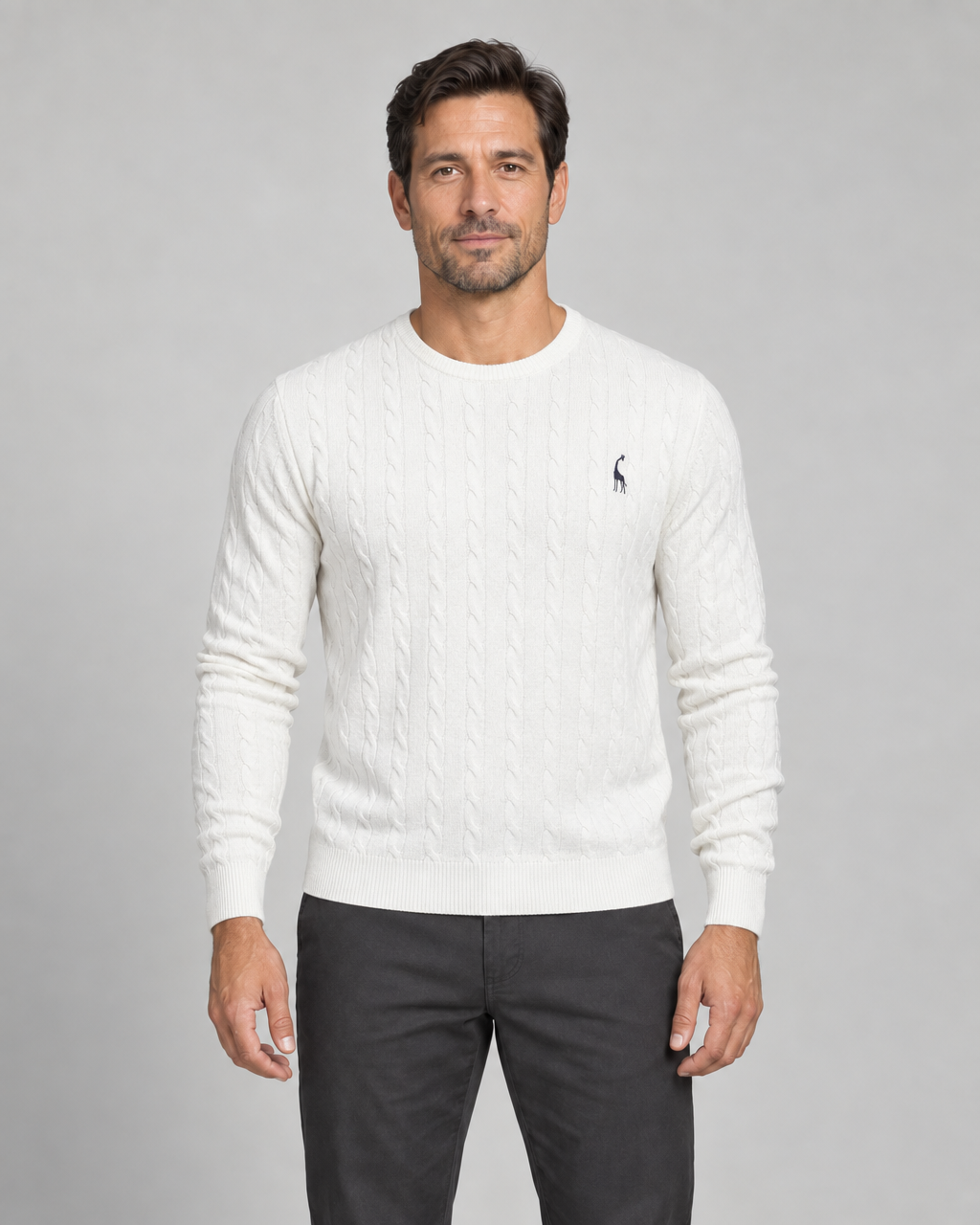 Pull blanc à torsades et col rond pour homme, vu de face, avec petit motif sombre sur la poitrine.