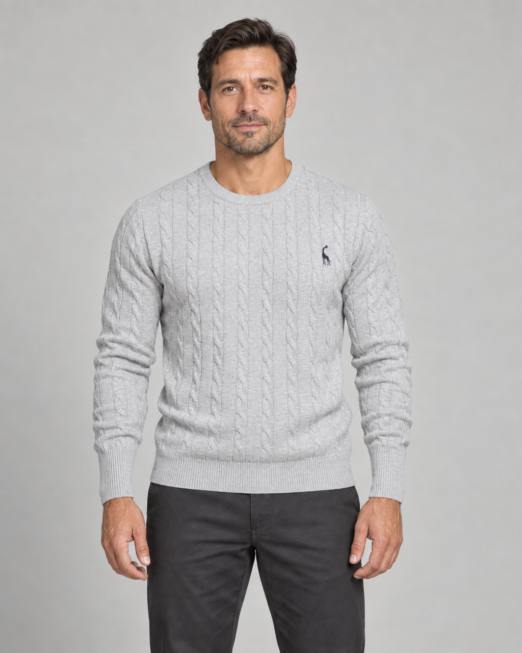 Pull homme gris clair à torsades et col rond, présenté de face en cadrage rapproché