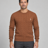 Homme portant un pull marron à col rond et torsades, avec un petit motif blanc sur la poitrine, vue de face.