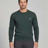Homme de face portant un pull vert foncé à col rond et motif torsadé, vue cadrée de face.