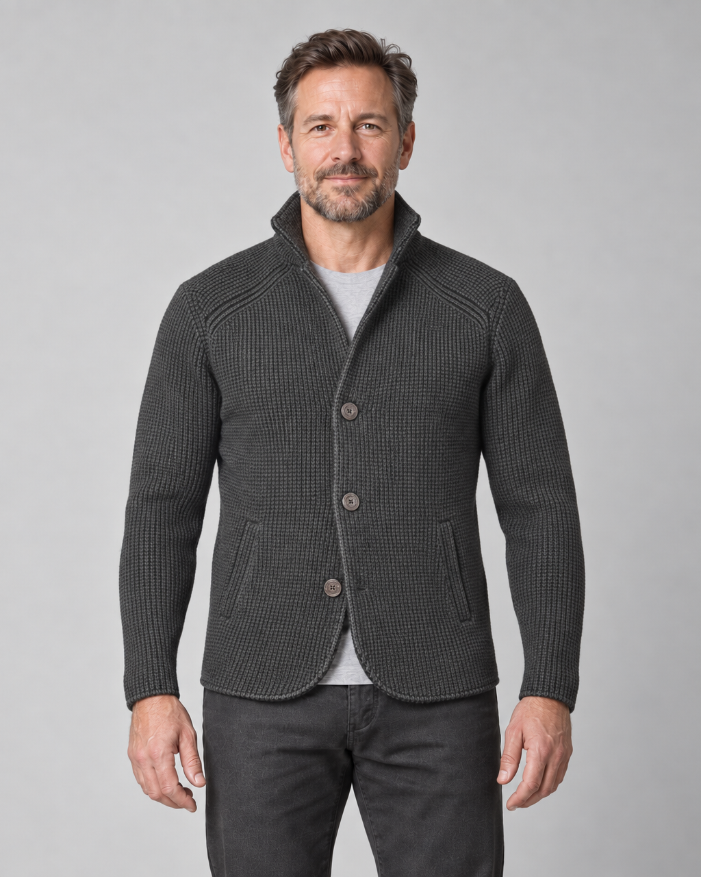 Veste grise en maille côtelée, vue de face, avec col montant, trois boutons et deux poches.
