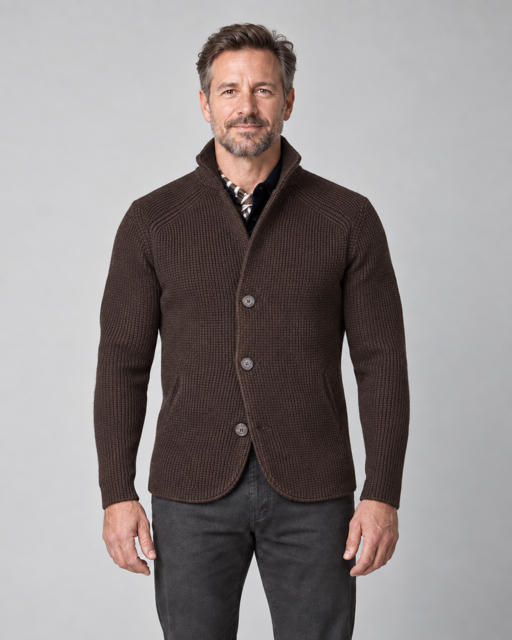 Veste marron en maille à col montant et trois boutons, vue de face, portée par un homme.