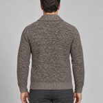 Cardigan marron café chiné à col châle et manches longues, présenté de dos en cadrage rapproché.