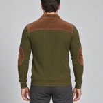 Pull côtelé vert olive à empiècement brun aux épaules et coudières, vue de dos