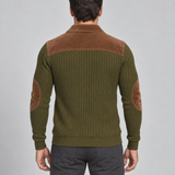 Pull côtelé vert olive à empiècement brun aux épaules et coudières, vue de dos