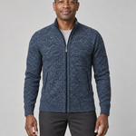 Vue de face d’un homme portant un gilet bleu chiné zippé, à col montant et deux poches latérales.