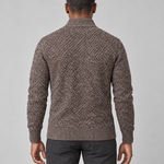 Vue de dos d’un pull homme café chiné à col montant, avec poignets et ourlet côtelés