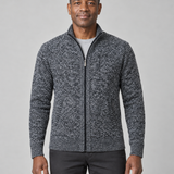 Pull zippé gris foncé chiné à col montant, porté par un homme, vue de face cadrée.