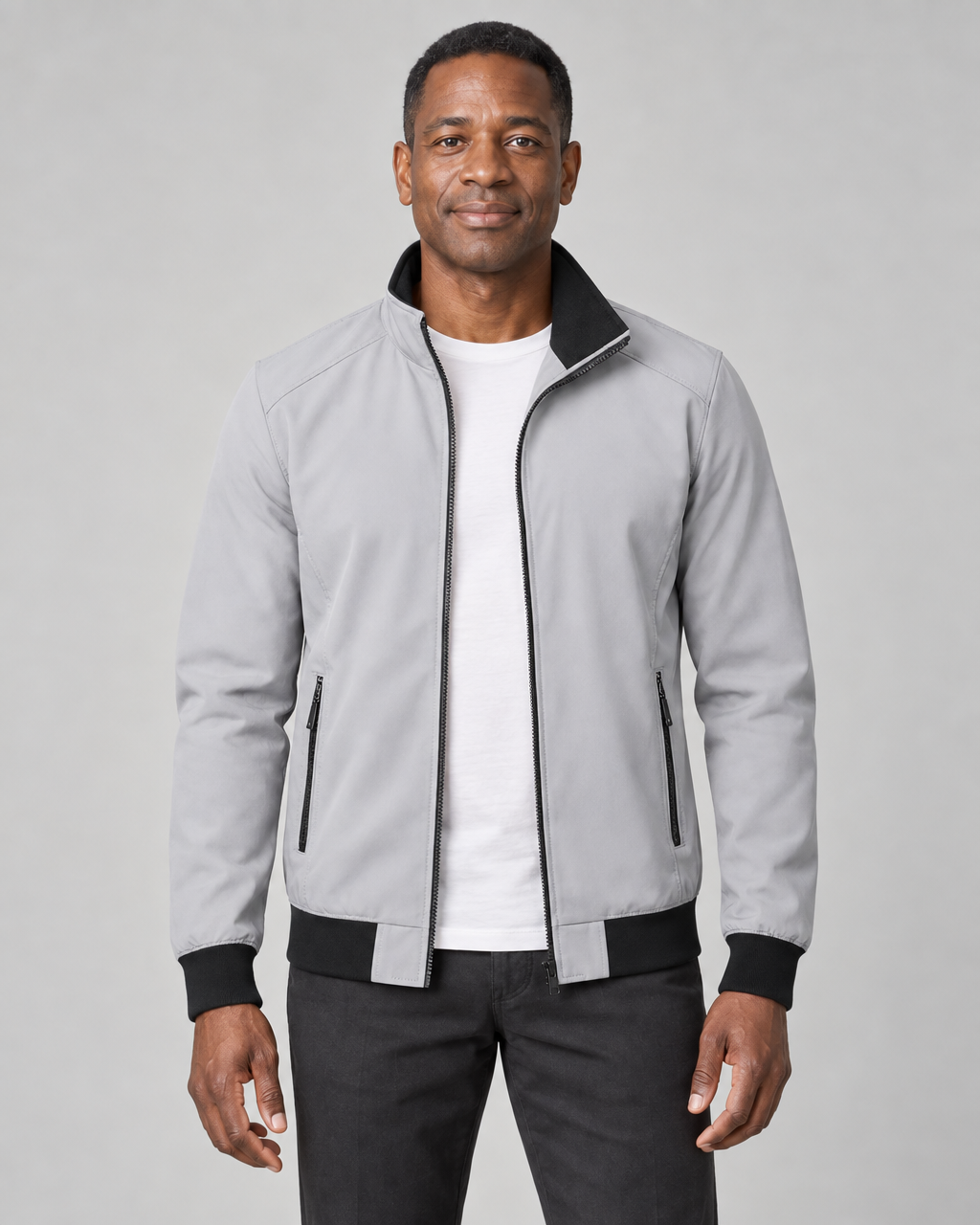 Homme de face portant une veste grise ouverte à col montant et poches zippées, vue cadrée de face.