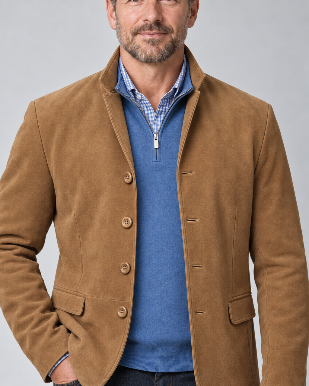 Vue rapprochée de face d’un blazer marron à quatre boutons et poches à rabat, porté sur un pull bleu.