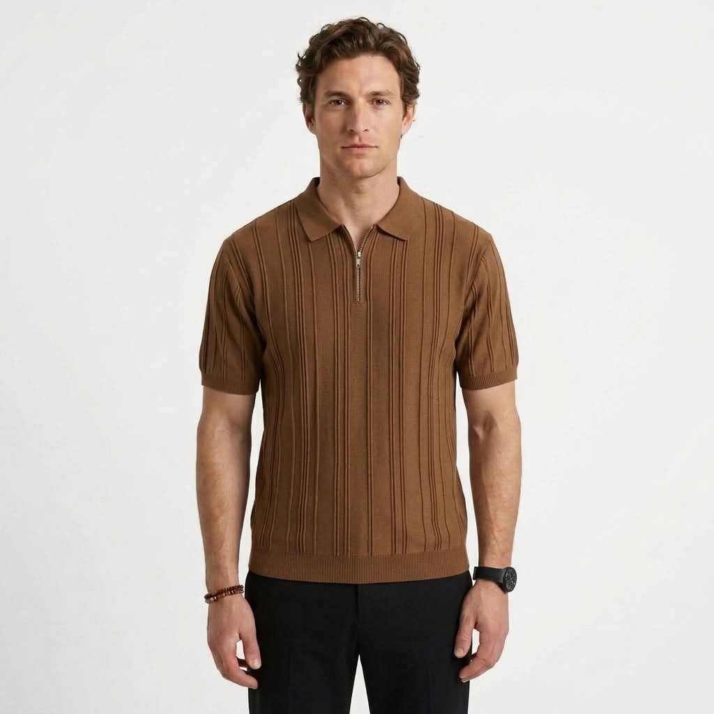 Polo Zippé À Texture Côtelée