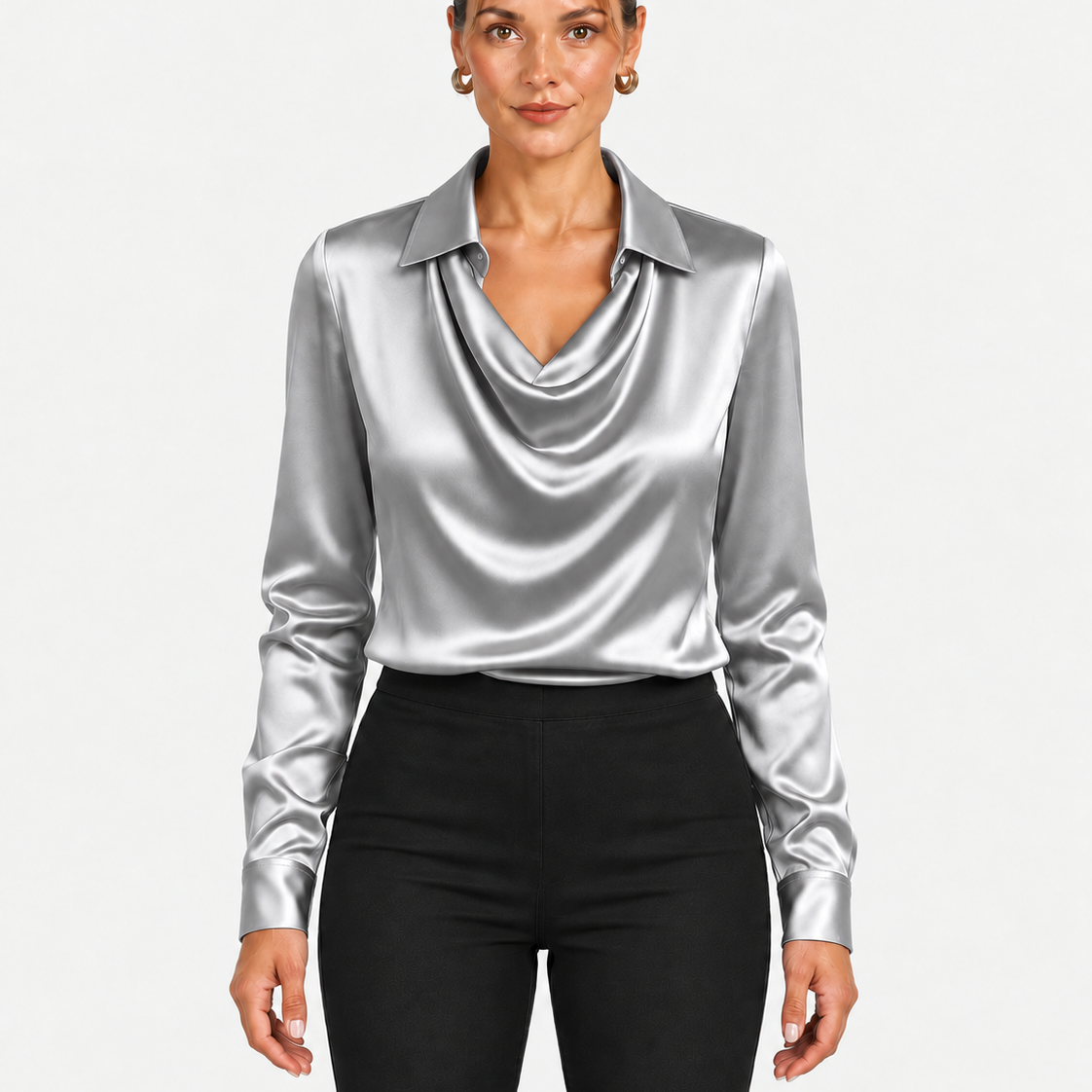Blouse Élégante À Encolure Drapée Et Col Classique