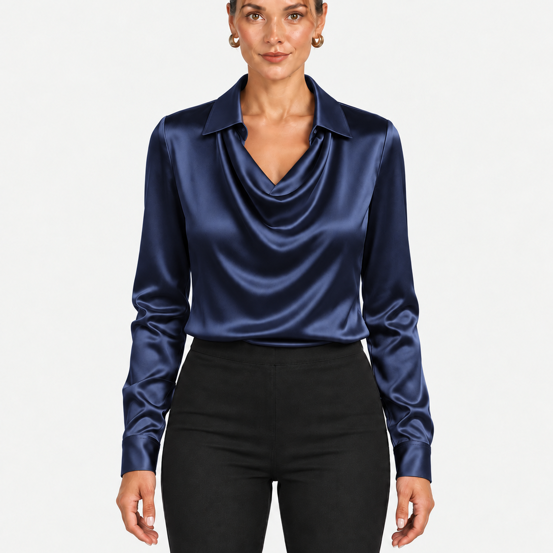 Blouse Élégante À Encolure Drapée Et Col Classique