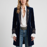Veste Longue Bleu Marine À Broderies Pour Femmes