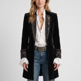 Veste Longue Bleu Marine À Broderies Pour Femmes