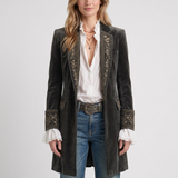 Veste Longue Bleu Marine À Broderies Pour Femmes